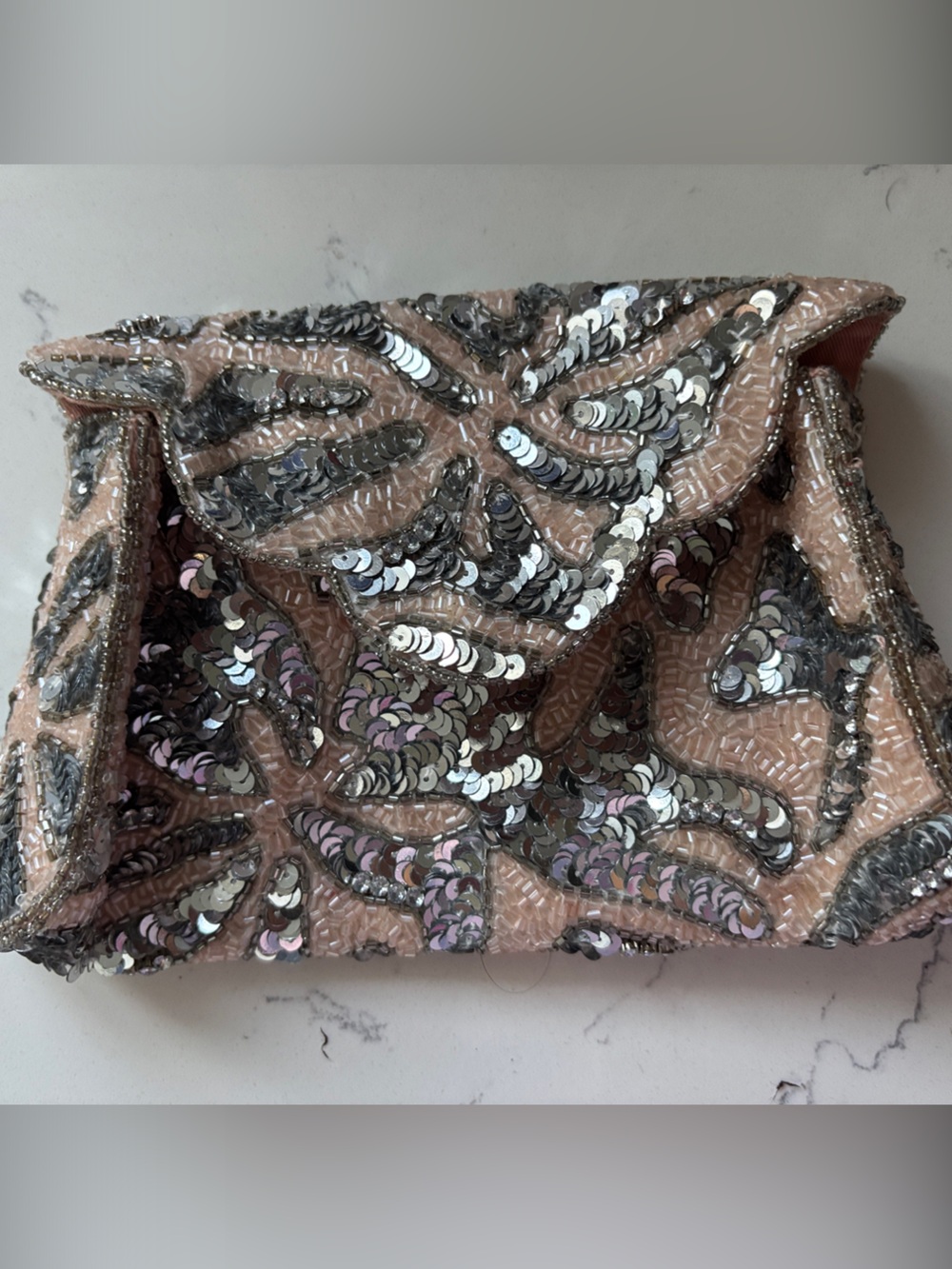 Anthropologie Pink Sequin Beaded Fold-Over Clutch